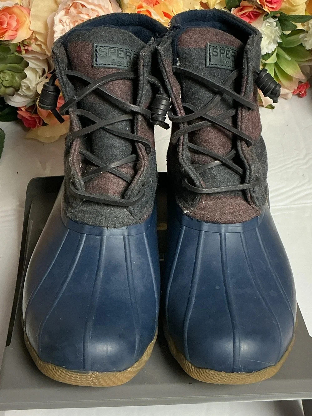 Sperry Saltwater Wool Duck Boots Women’s 8M Navy Gray Waterproof Zip Lace